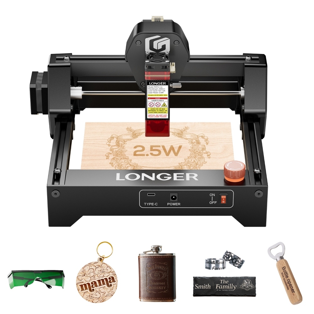

LONGER RAY5 Mini 2.5W Laser Engraver, 0.04mm Precision, 12,000mm/min Speed, for Wood/ Acrylic/ Leather/ Metal, 130*140mm