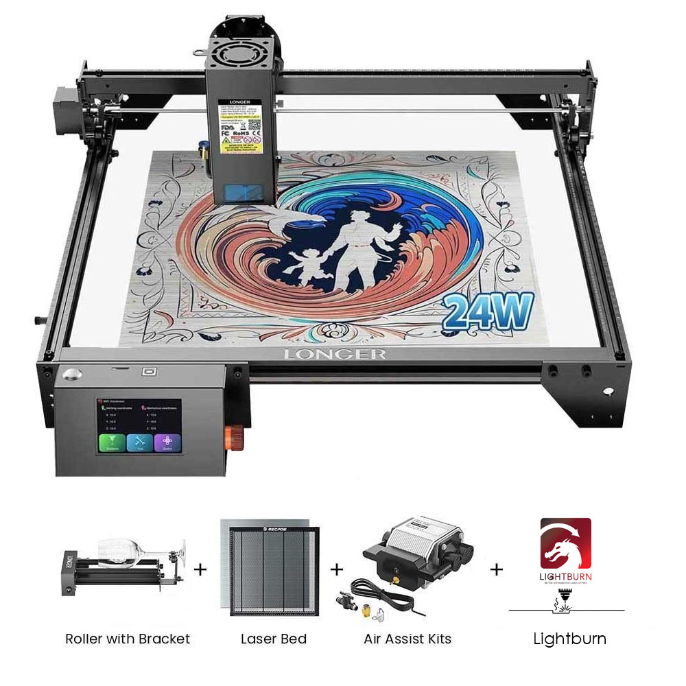 

LONGER RAY5 20W + Air Assist Kit + Rotary Roller with Bracket + Laser Bed + 1 Year Lightburn License