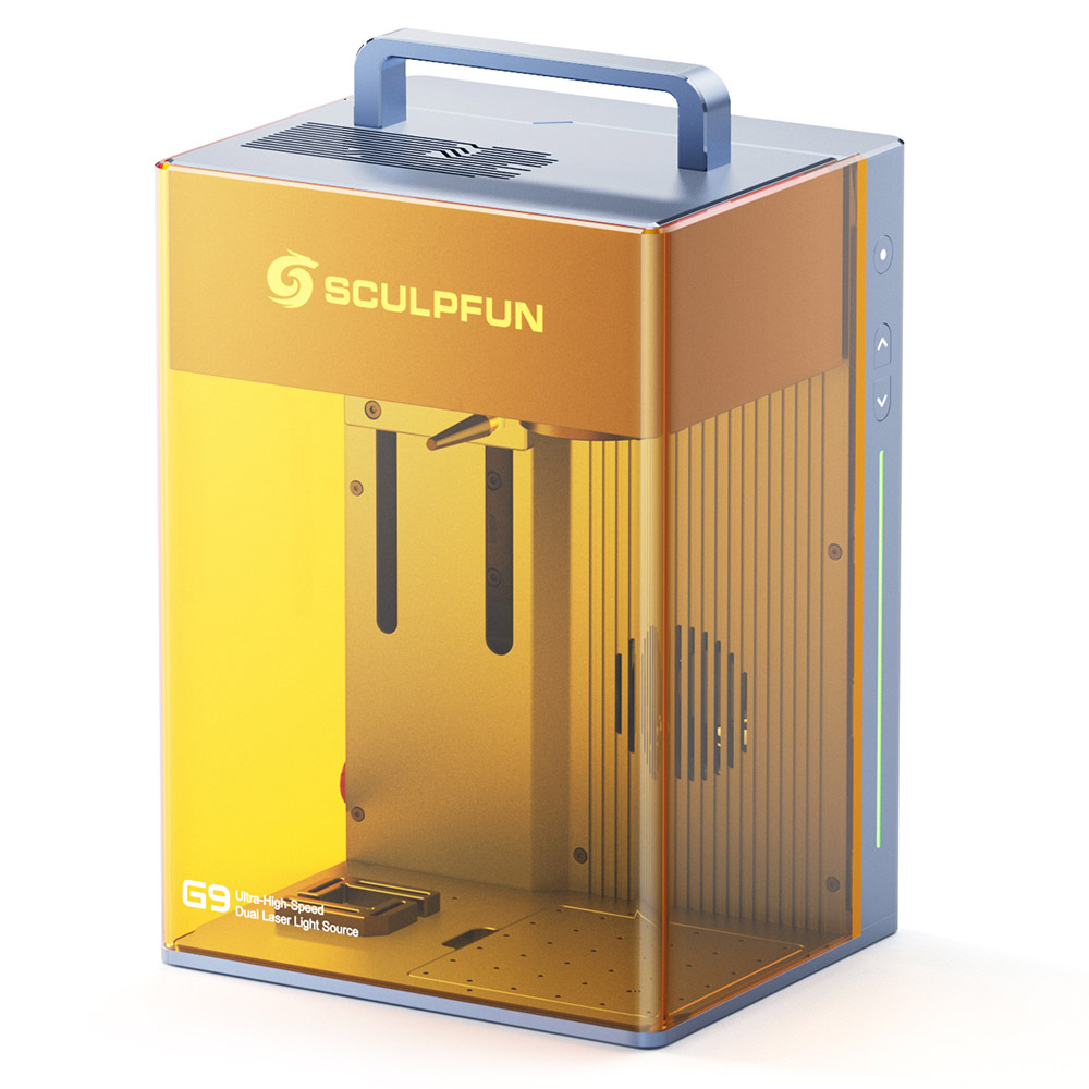 

SCULPFUN G9 Dual Laser Marking Machine, Class I, 2W 1064nm Infrared & 10W 455nm Diode Blue, 5000mm/s Ultra High Speed, 0.001mm Accuracy, Protective Cover, 105*105mm, Electric Lift Focus, SGD Laser/ Lightburn