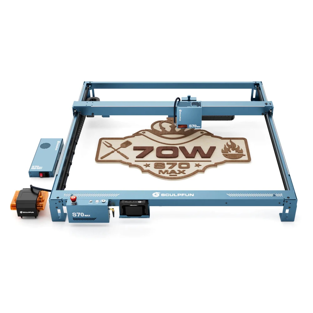 

SCULPFUN S70 MAX 70W Laser Engraver, 36,000mm/min Fast Speed, 0.15×0.12mm Laser Spot, 830*800mm