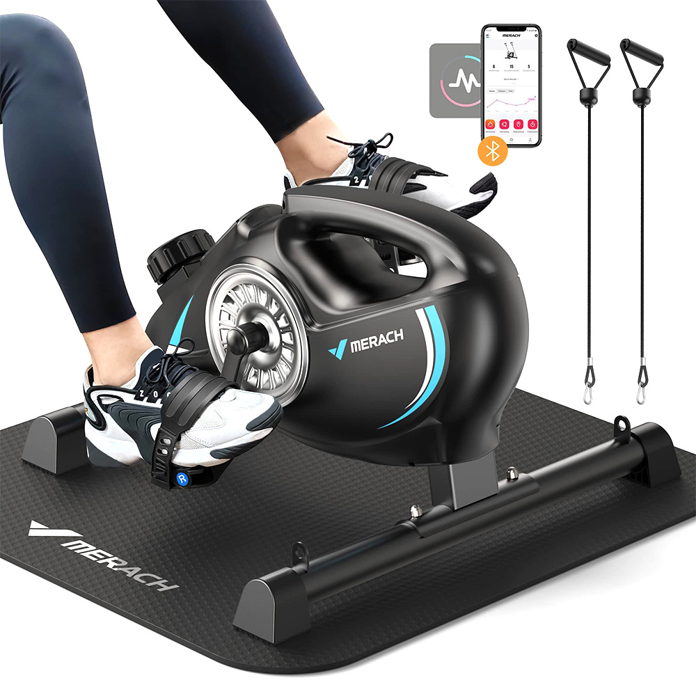 

MERACH S04 Under Desk Bike Pedal Exerciser, Magnetic Mini Exercise Bike with App, Arm/Leg Rehab, Resistance Bands & Mat Included, Black