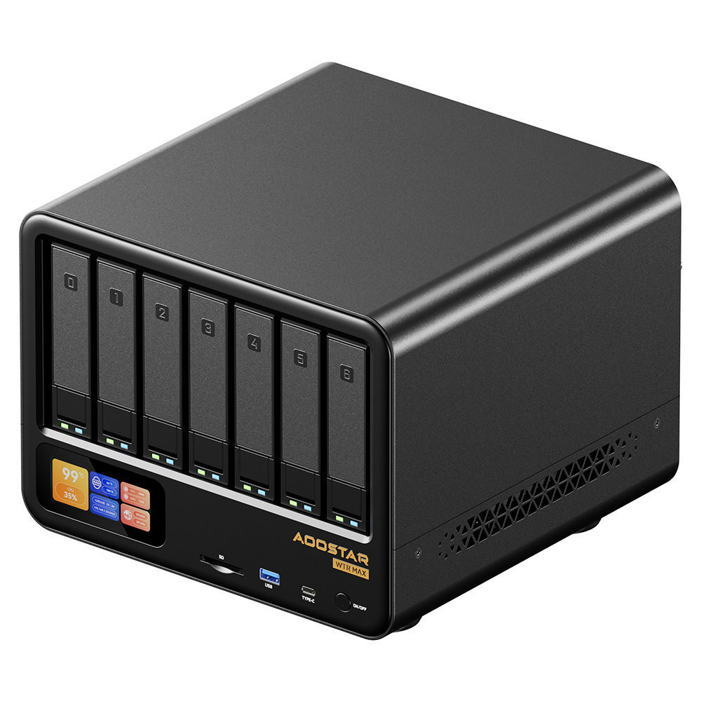 AOOSTAR WTR MAX 11 Bays NAS Mini PC with Secondary Screen, AMD R7 Pro 8845HS 8 Cores Max 5.1GHz, 32GB DDR5 RAM 1TB SSD,  HDMI+DP+USB4 Triple Display, 2*2.5G LAN, 2* INTEL X710 10G LAN, 3*USB3.2, 1*Oculink, 1*SD Card, 1*Type-C, 1*Audio - UK Plug