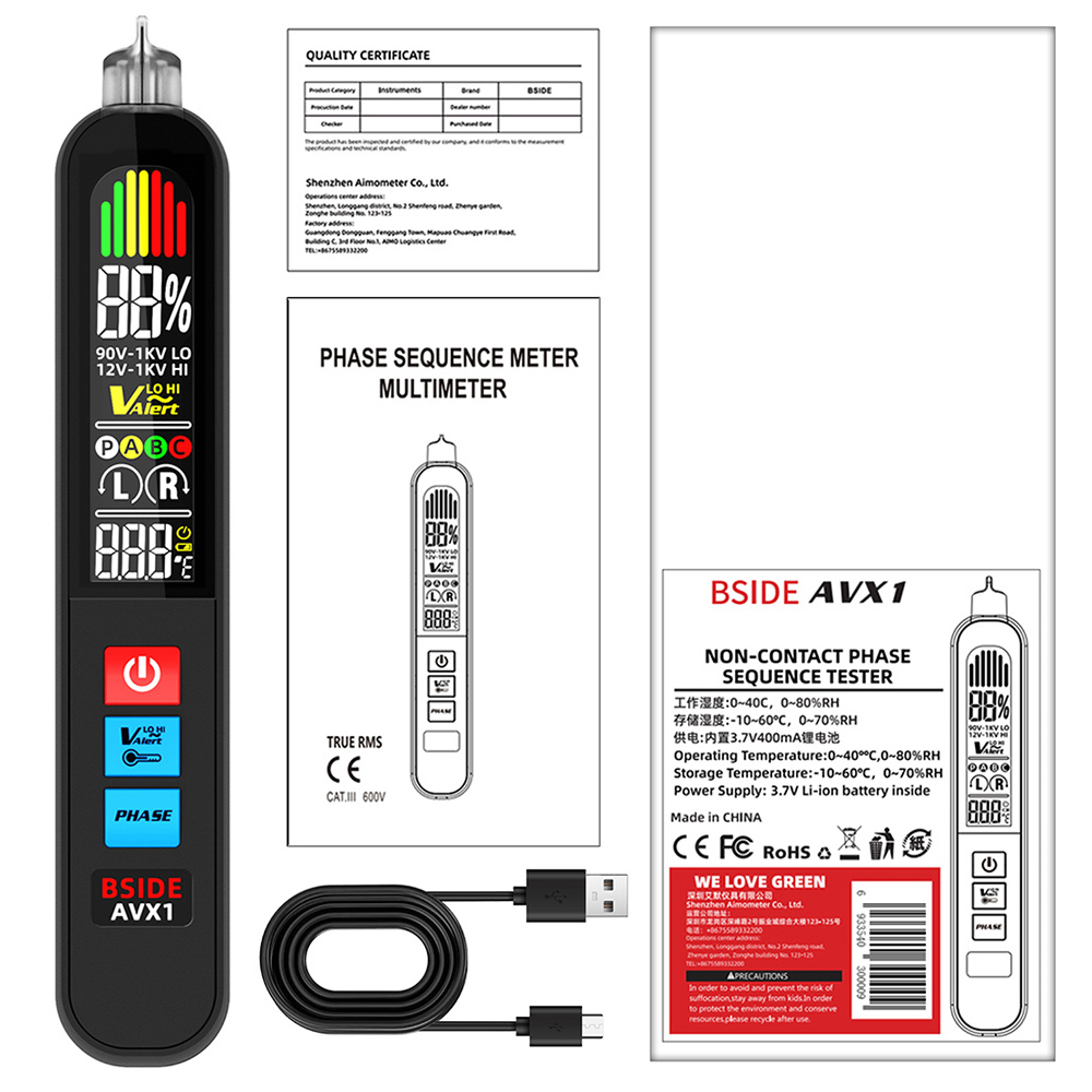 BSIDE AVX1 2-in-1 Phase Tester & NCV Detector, LCD Color Screen, Temp Display, USB Rechargeable 400mAh