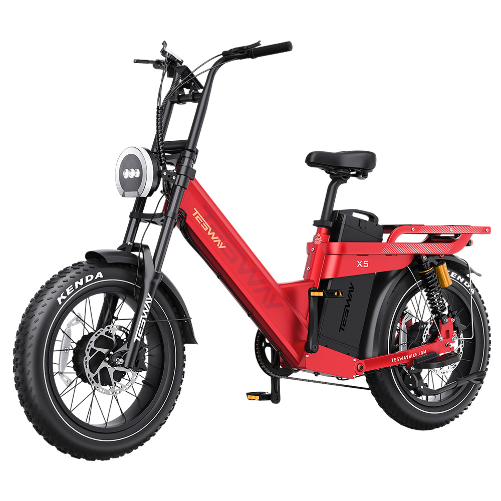 TESWAY X5 AWD Electric Bike, 1000W*2 Motor, 52V 60Ah Battery, 20*4 inch Tires, 60km/h Max Speed, 300km Max Range, Dual Hydraulic Brakes, Full Suspension, Shimano 7-speed - Red