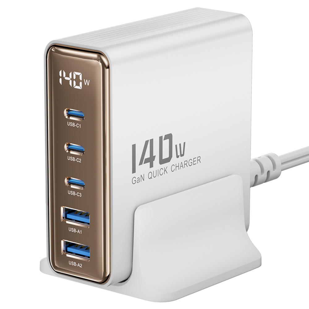 Toocki 140W GaN USB Charger, 5-in-1 Fast Charge, LED Display, for iPhone, Xiaomi Smartphone, Laptop, White