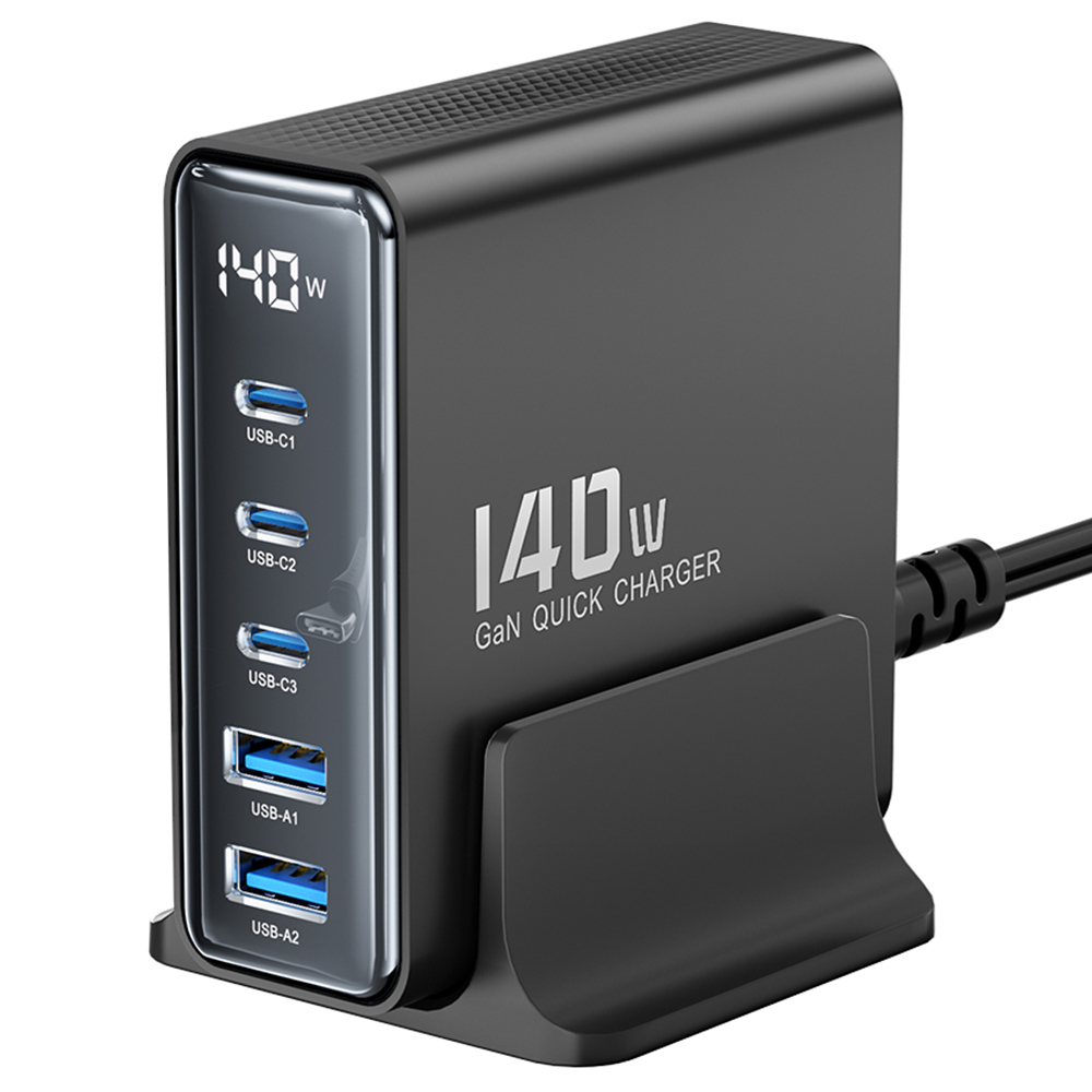 Toocki 140W GaN USB Charger, 5-in-1 Fast Charge, LED Display, for iPhone, Xiaomi Smartphone, Laptop, Black