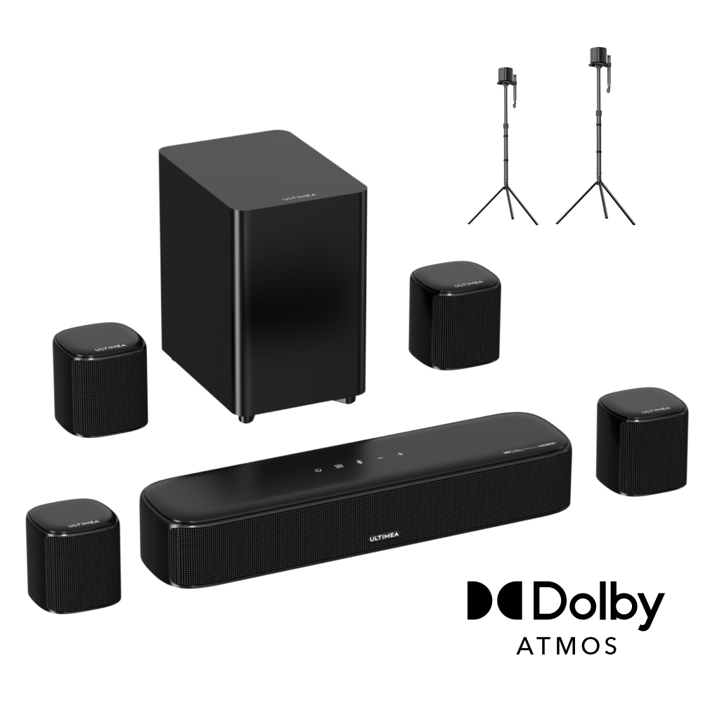 Ultimea Aura A60 7.1 Soundbar + 1 Pair * Steady 310 Speaker Stands, Smart APP & Voice Control, BassMX Technology, 350W Peak Power, HDMI eARC, 4 Surround Speakers, for Smart TV
