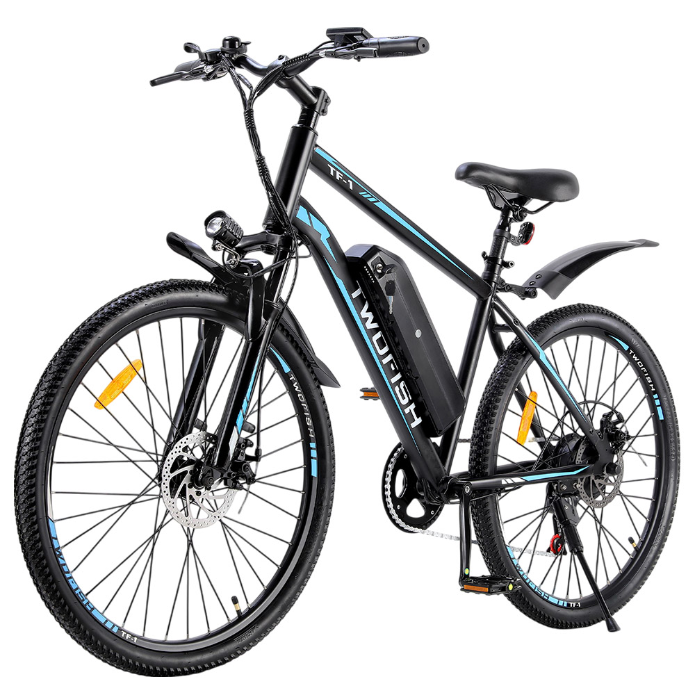 TWOFISH TF-1 Electric Bike, 250W Motor, 36V 15Ah Battery, 26 inch Tires, 25km/h Max Speed, 100km Max Range, Disc Brakes, Front Suspension, LCD Display - Blue