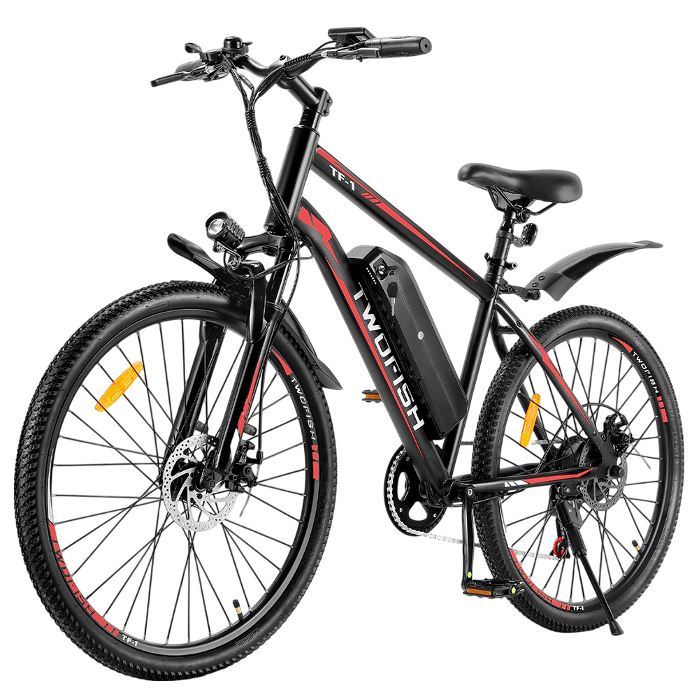 TWOFISH TF-1 Electric Bike, 250W Motor, 36V 15Ah Battery, 26 inch Tires, 25km/h Max Speed, 100km Max Range, Disc Brakes, Front Suspension, LCD Display - Red
