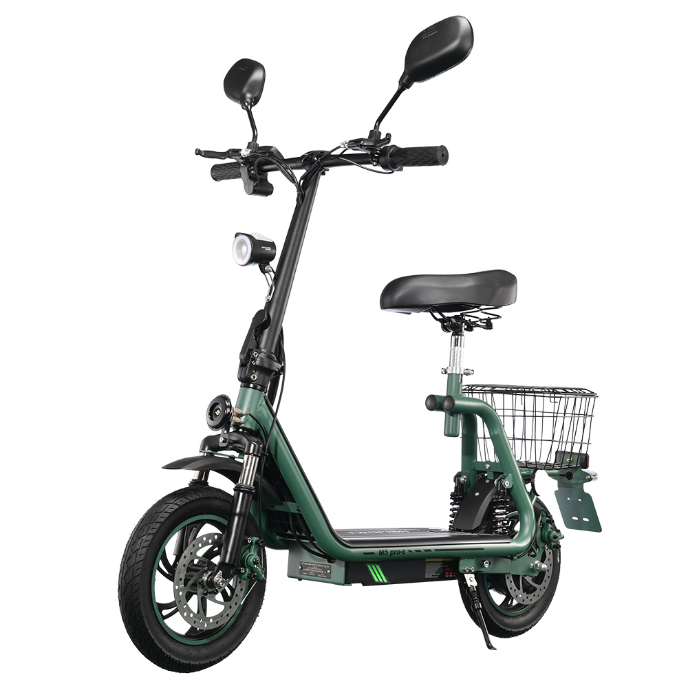 TWOFISH M5 PRO-E EEC Certified Electric Scooter with Seat and Rear Basket, 500W Motor, 48V 13Ah Battery, 12 inch Tires, 40km/h Max Speed, 30km Range, Dual Disc Brakes, Front & Rear Shock Absorbers - Green