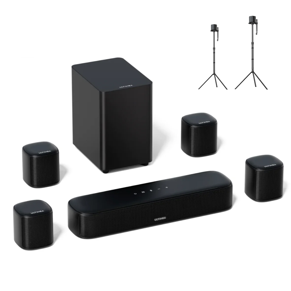 Ultimea Aura A40 7.1 Soundbar + 1 * Pair Steady 310 Speaker Stands, App Control, 10 Bands Equalizer Settings, 121 Preset EQ Matrices, Bluetooth 5.3, 330W Peak Power