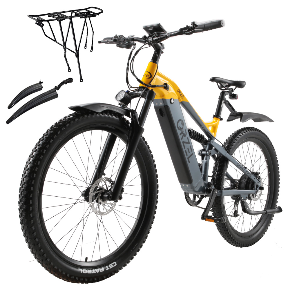 ORZELEBIKE M49 Electric Bike, 500W Motor, 48V 20AH Battery, 27.5 inch Tires, 45km/h Max Speed, 180km Max Range, Shimano Hydraulic Brake, Front Fork Shock Absorber, 9-speed, LCD Display - Yellow