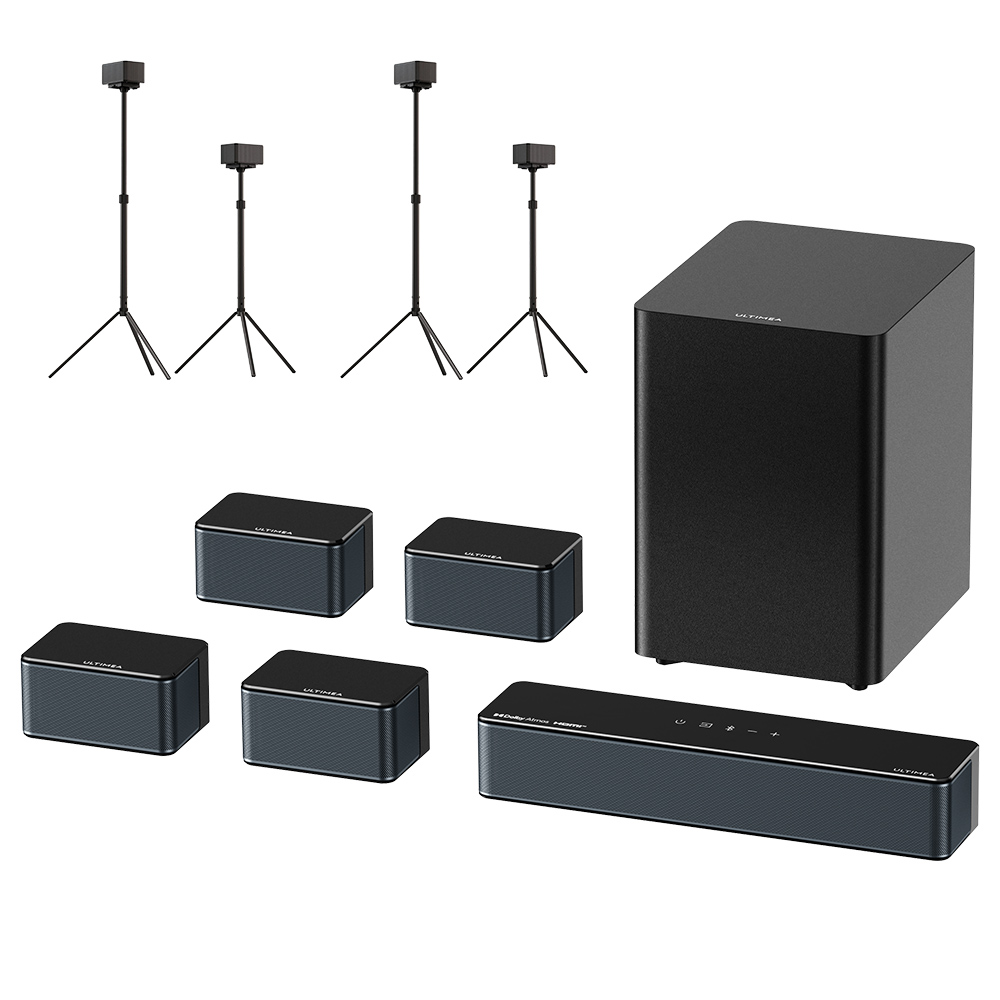 Ultimea Poseidon D80 Boom 7.1 Soundbar + 2 Pairs * Steady 300 Speaker Stands, Dolby Atmos, 500W Peak Power, APP Control, 10 Bands Equalizer Settings, 121 Preset EQ Matrices, Bluetooth 5.3