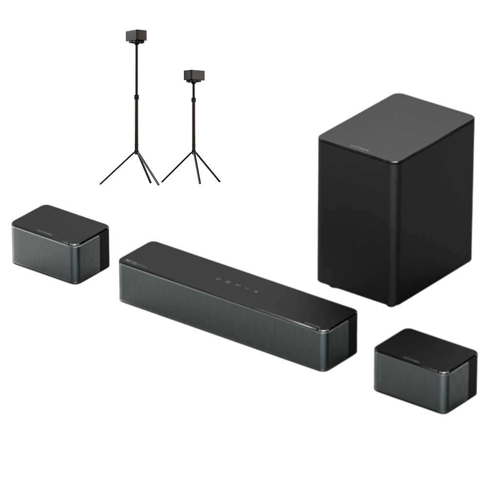 

Ultimea Poseidon M4T 5.1 Soundbar + 1 Pair * Steady 300 Speaker Stands, Dolby Atmos, 450W Peak Power, Adjustable Surround Level, Black