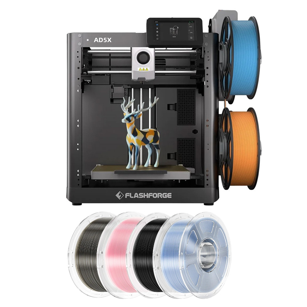Flashforge AD5X 3D Printer + 4kg Mecpow High-Speed PETG Filament - Black/Transparent Light Pink/Light Blue/Smoke Grey