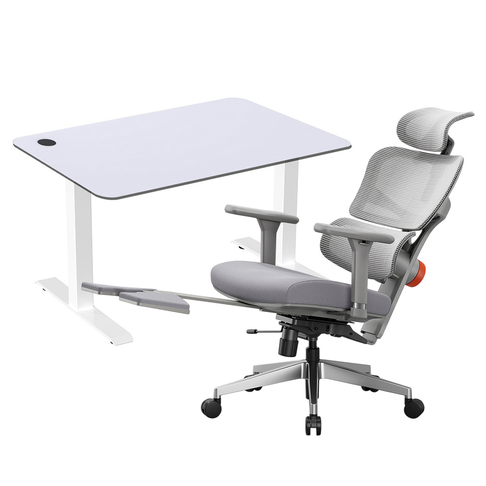 ACGAM JSZ-3 White Desk Frame + White Desktop + Ergonomic Chair with Footrest Gray