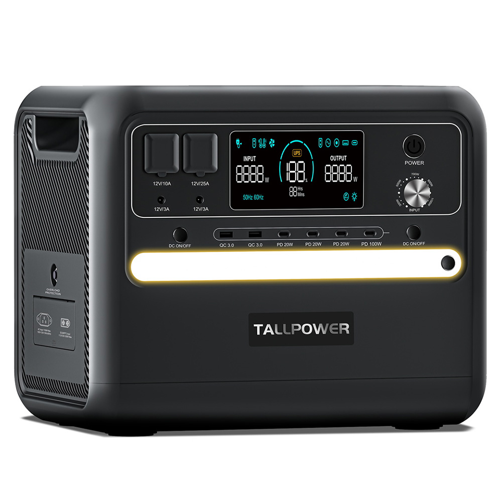 TALLPOWER V2400 Portable Power Station, 2400W AC Output, 2160Wh LiFePO4 Battery, Solar Generator, Adjustable Input Power, UPS Function, LED Light, 16 Outputs - Black