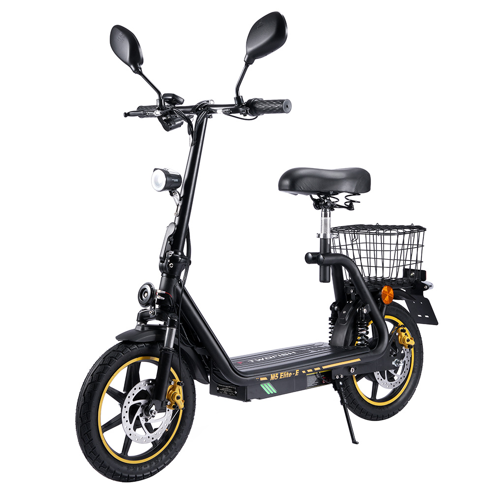 

TWOFISH M5 Elite-E EEC Certified Electric Scooter with Seat and Rear Basket, 500W Motor, 48V 13Ah Battery, 14 inch Tires, 40km/h Max Speed, 30km Range, Dual Disc Brakes, Front & Rear Shock Absorbers - Black