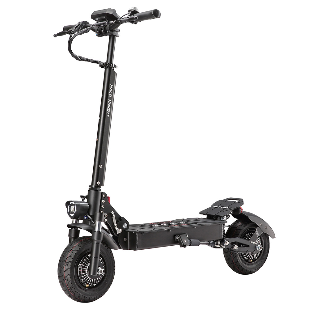 Halo Knight T104 elektromos robogó, 1200 W*2 motor, 52 V 21 Ah akkumulátor, 10 hüvelykes gumik, 65 km/h maximális sebesség, 45 km hatótáv, első és hátsó elektromos tárcsafékek, első és hátsó rugós rögzítés, NFC feloldás