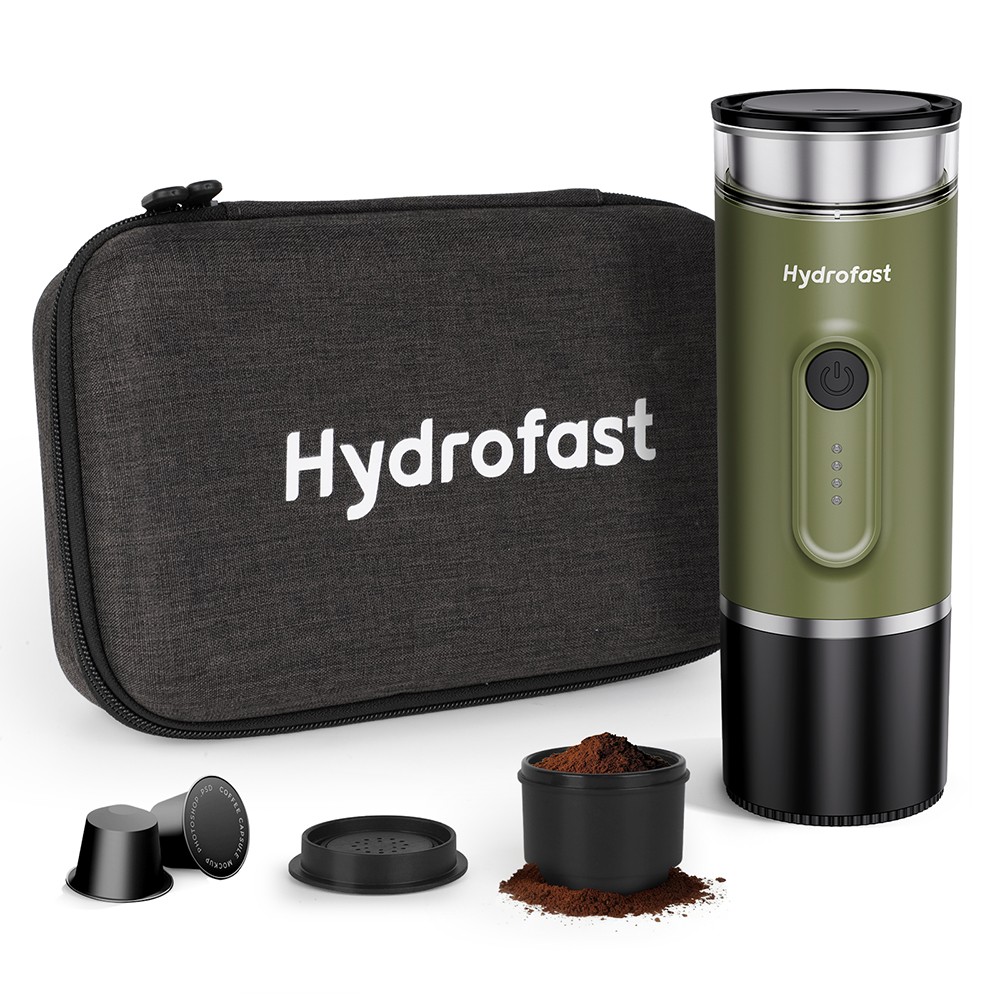 

Hydrofast PO-100 Portable Espresso Maker, 20-Bar Pressure, 9600mAh Battery, 2-in-1 Capsule & Ground Coffee, Wireless Heating, Compact Travel Design, Green