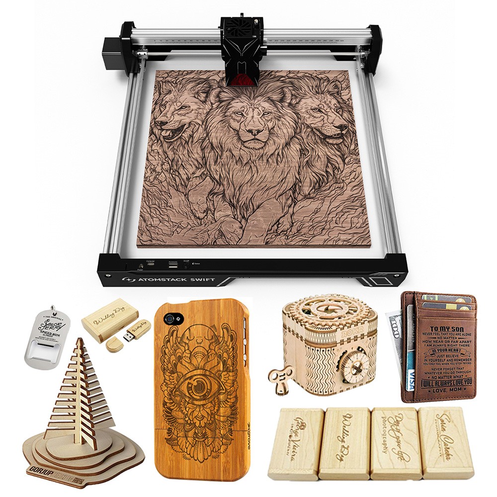 ATOMSTACK Swift 7W Laser Engraver, 10000mm/min Speed, 0.1mm Precision, 0.08x0.04mm Laser Spot, 300x300mm Working Area, Accessory Auto-Recognition, Compatible with Wood/Leather/Acrylic