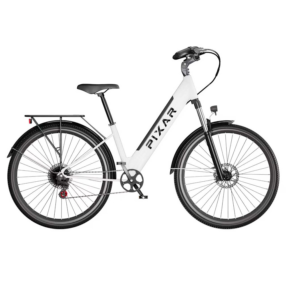 PIXAR Cruiser Electric Bike, 250W Motor, 36V 12.8Ah Battery, 27.5 inch Tires, 25km/h Max Speed, 100km Range, Hydraulic Disc Brakes, Front Suspension, Shimano 7-speed - White