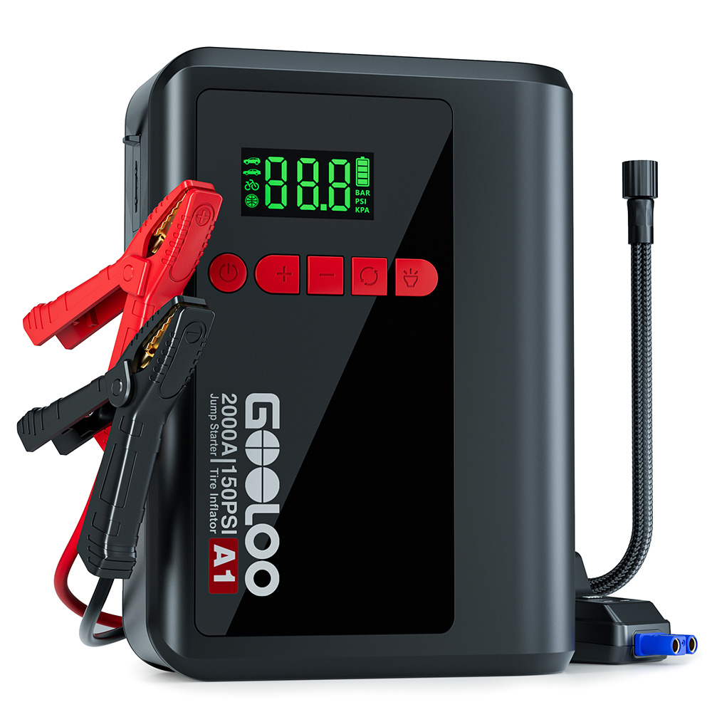 GOOLOO A1 2000A 12V Car Jump Starter with 150PSI Tire Inflator, 35L/Min Airflow, Auto-Shutoff, LED Light, For 7L Gas and 5.5L Diesel Vehicles