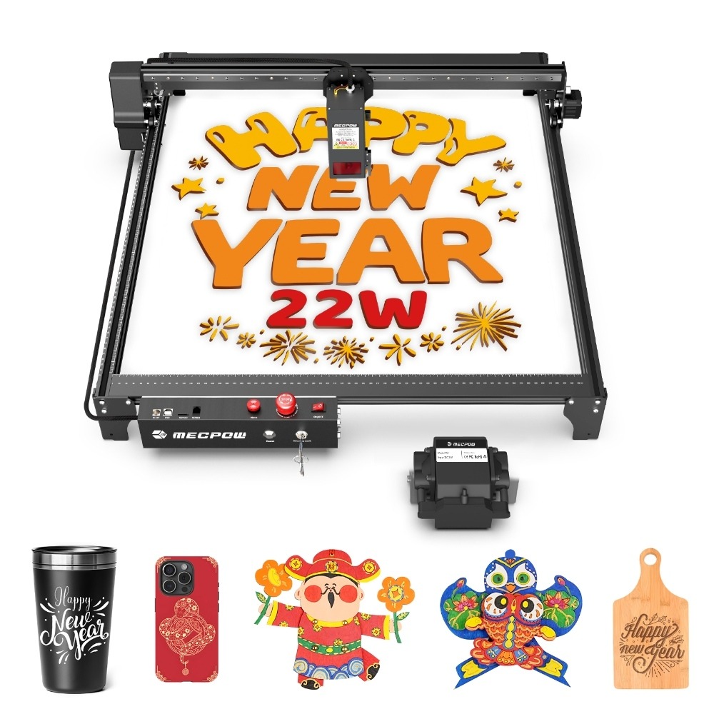 Mecpow X5 22W Laser Engraver Cutter, Auto Air Assist Kit, 0.08x0.1mm Laser Spot, 28000mm/min Engraving Speed, Safety Lock, Emergency Stop, Flame Detection, Offline Engraving, 600x600mm