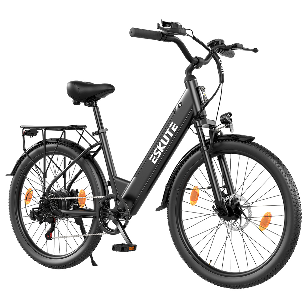 ESKUTE C100 Plus Electric Bike, 250W Motor, 36V 13Ah Battery, 26 inch Tires, 25km/h Max Speed, 100km Range, Shimano 7-speed, LCD Display - Black