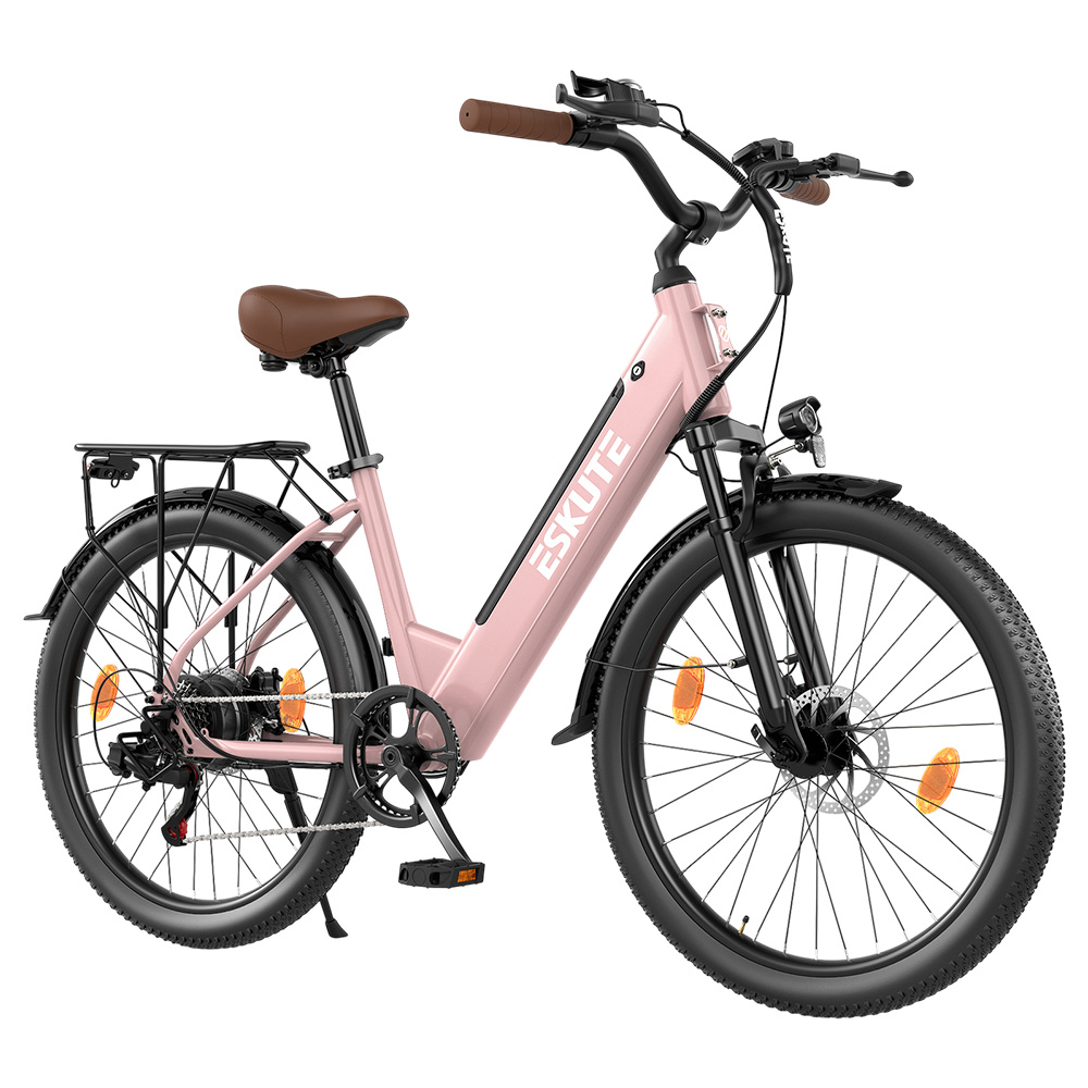 ESKUTE C100 Plus Electric Bike, 250W Motor, 36V 13Ah Battery, 26 inch Tires, 25km/h Max Speed, 100km Range, Shimano 7-speed, LCD Display - Pink