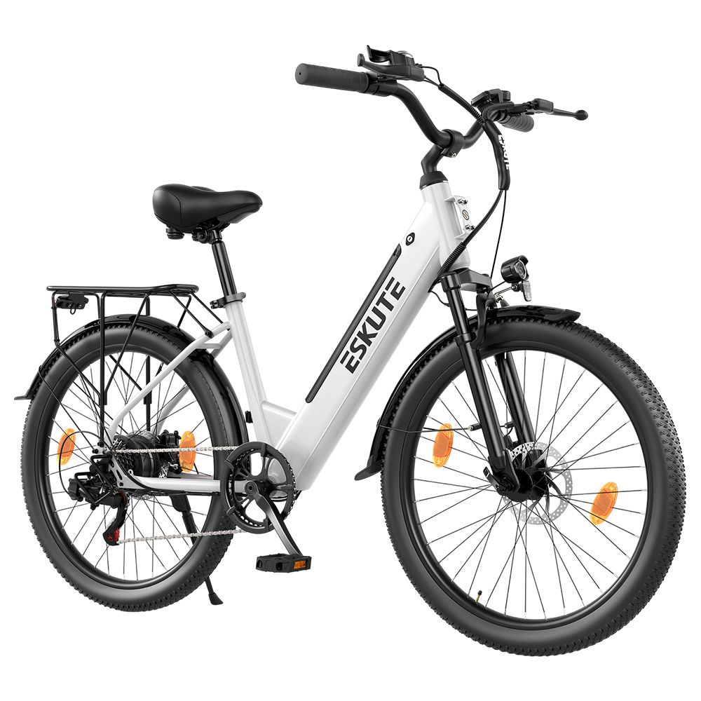 ESKUTE C100 Plus Electric Bike, 250W Motor, 36V 13Ah Battery, 26 inch Tires, 25km/h Max Speed, 100km Range, Shimano 7-speed, LCD Display - White