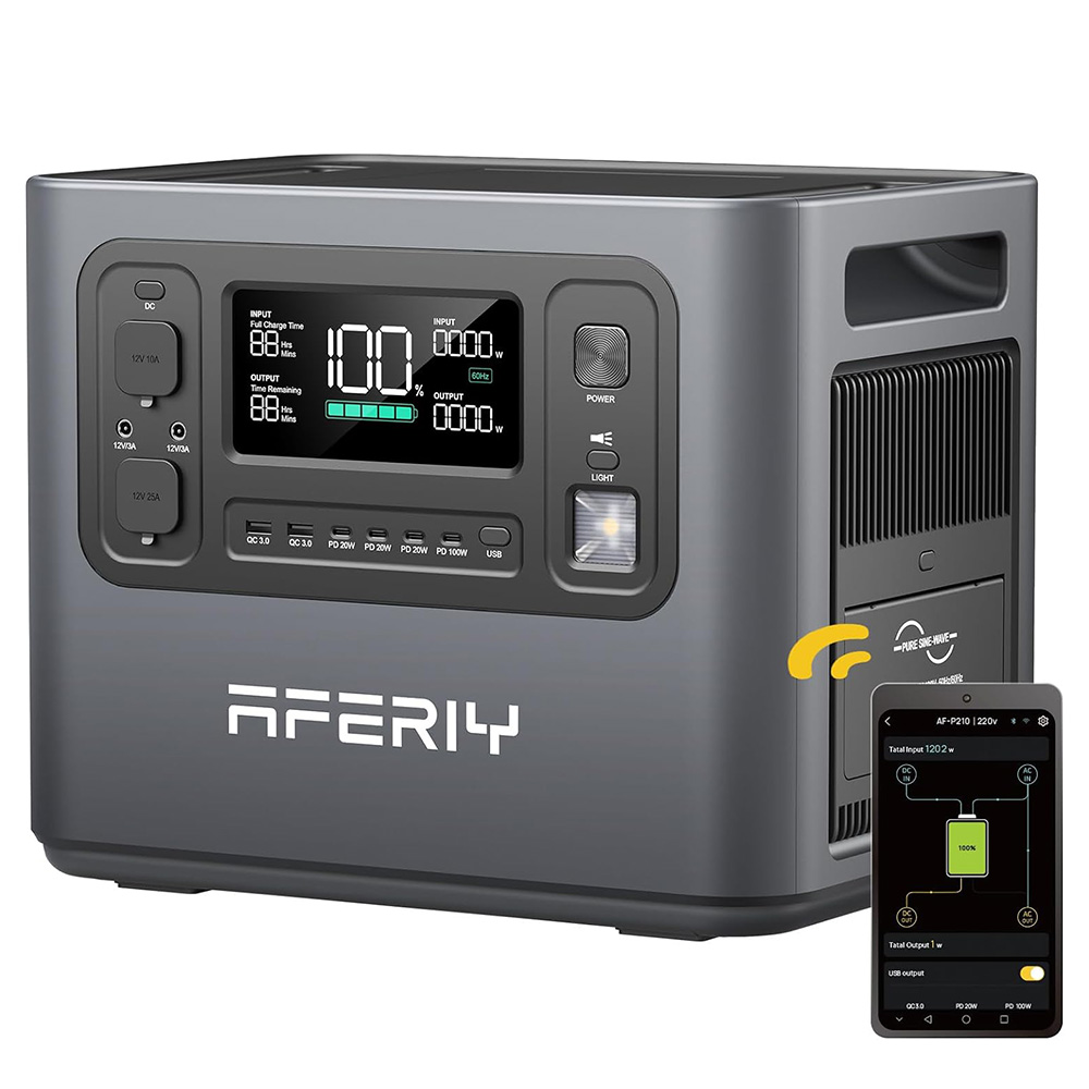 AFERIY P210 Portable Power Station, 2400W AC Output, 2048Wh LiFePO4 Battery, 13 Outputs, 2H Fast AC Recharge, 500W Solar Input & App Control