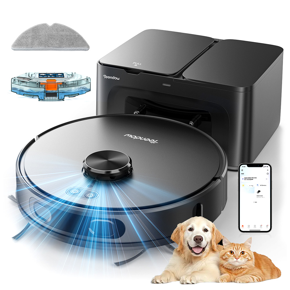 Teendow D65S MAX Robot Vacuum Cleaner, 70-Day Auto-Empty, 6000Pa Suction, 17kPa Dust Station, 220min Runtime, 20mm Obstacle Crossing, 4-Level Power Control, 250ml Dust Bin & 350ml Water Tank