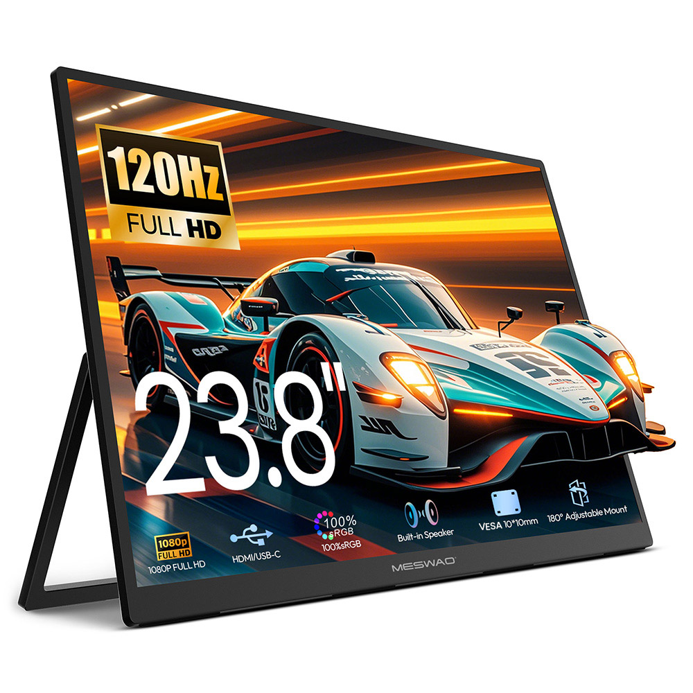 MESWAO S238 23,8 hüvelykes típusú hordozható monitor 1080P FHD IPS képernyő, 120 Hz frissítési gyakoriság, 100% sRGB, 178 ° Széles betekintési szög, beépített kettős hangszóró, 180 ° Állítható rögzítés, 10x100 mm-es, 10x100 mm-es VESAud EU csatlakozó