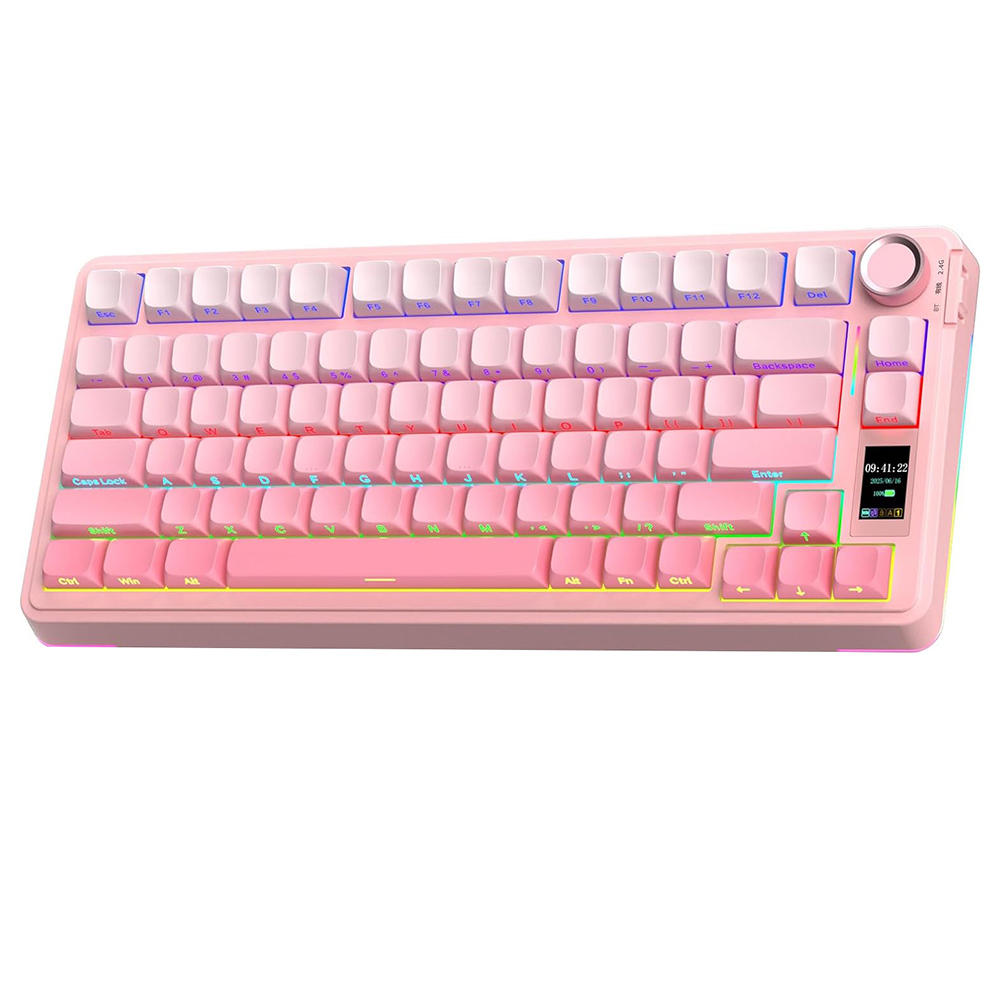 AULA S75 Pro Tri-Mode Wireless Mechanical Keyboard, LCD Screen, Knob Control, Hot-Swappable, RGB Backlit, 75% Layout, 4000mAh Battery - Pink