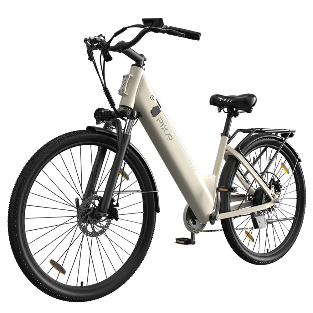 PIXAR C1 Electric Bike, 250W Motor, 36V 13Ah Battery, 25km/h Max Speed, 65km Range, 27.5'×1.95' Tires, Shimano 7-Speed, 150kg Load, LCD Display, Dual Disc Brakes, Front Suspension Fork - Beige