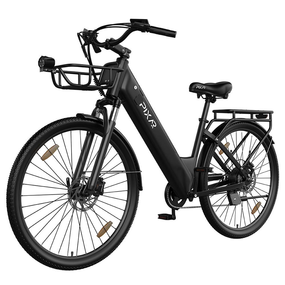 PIXAR C1 PRO Electric Commuter Bike, 250W Brushless Motor, 36V 18Ah Battery, 80-100km Range, 25km/h Max Speed, Shimano 7-Speed, Hydraulic Disc Brakes, Step-Thru Frame, Front Suspension, LCD Display, City E-Bike with Basket - Black