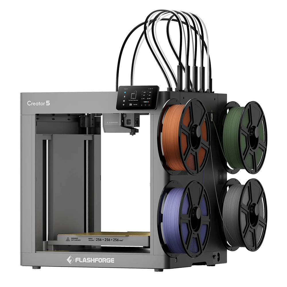 Flashforge Creator 5 3D Printer, 4 Independent Toolheads, 256×256×256mm Build Volume, 600mm/s Travel Speed, Auto Leveling, 320°C Nozzle, Multi-Color Multi-Material Printing, WiFi Remote Monitoring, PEI Flexible Plate