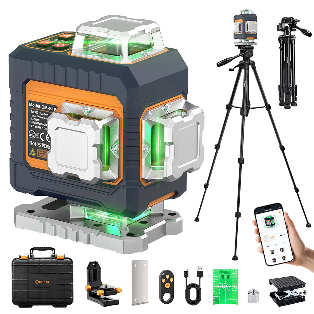 CIGMAN CM-G16T 4×360° Green Laser Level, 16 Lines, ±1.5mm/5m Accuracy, 30m Working Range